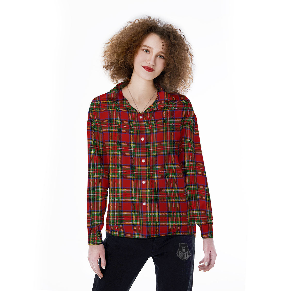 Scottish Tartan Pixel Stewart Print Pattern Women's Long Sleeve Shirts-grizzshop