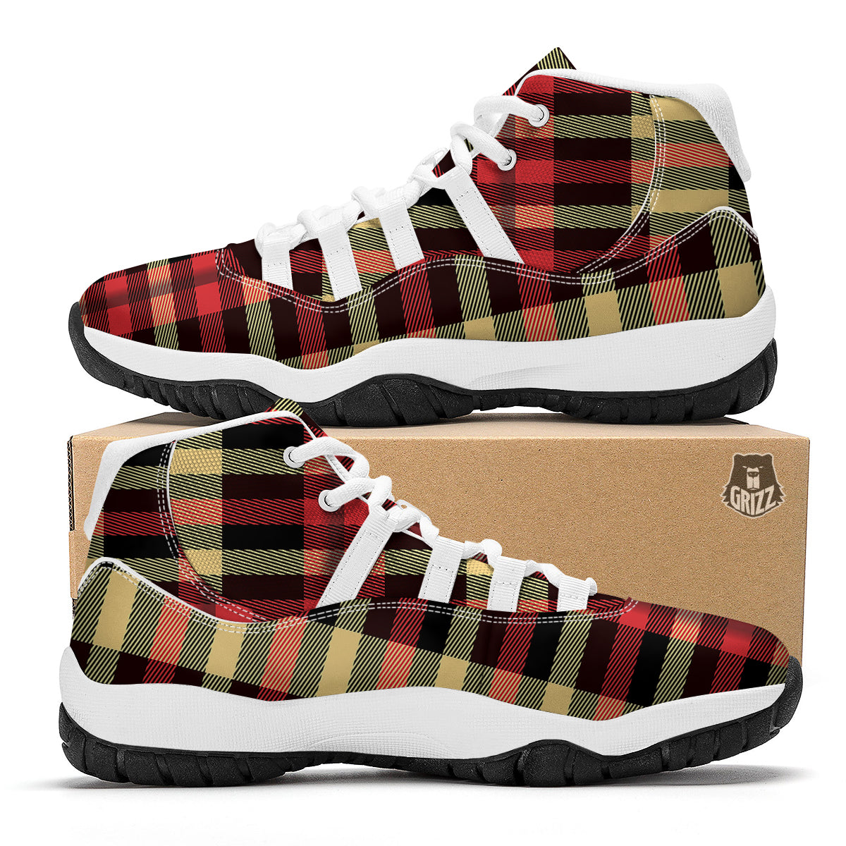 Scottish Tartan Red Yellow Plaid White Bball Shoes-grizzshop