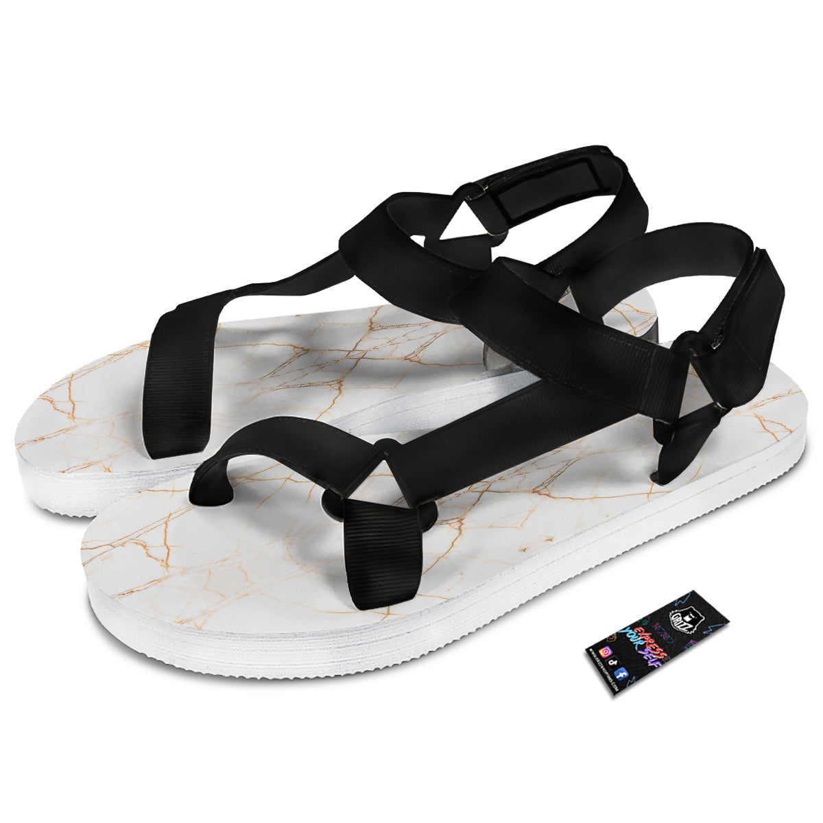 Scratch Marble White Gold Print Pattern Black Open Toe Sandals-grizzshop