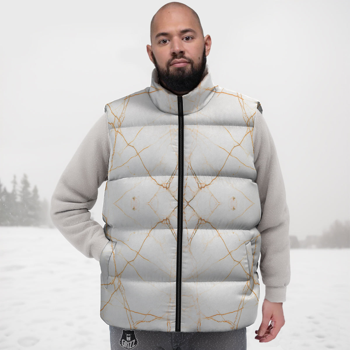 Scratch Marble White Gold Print Pattern Down Vest