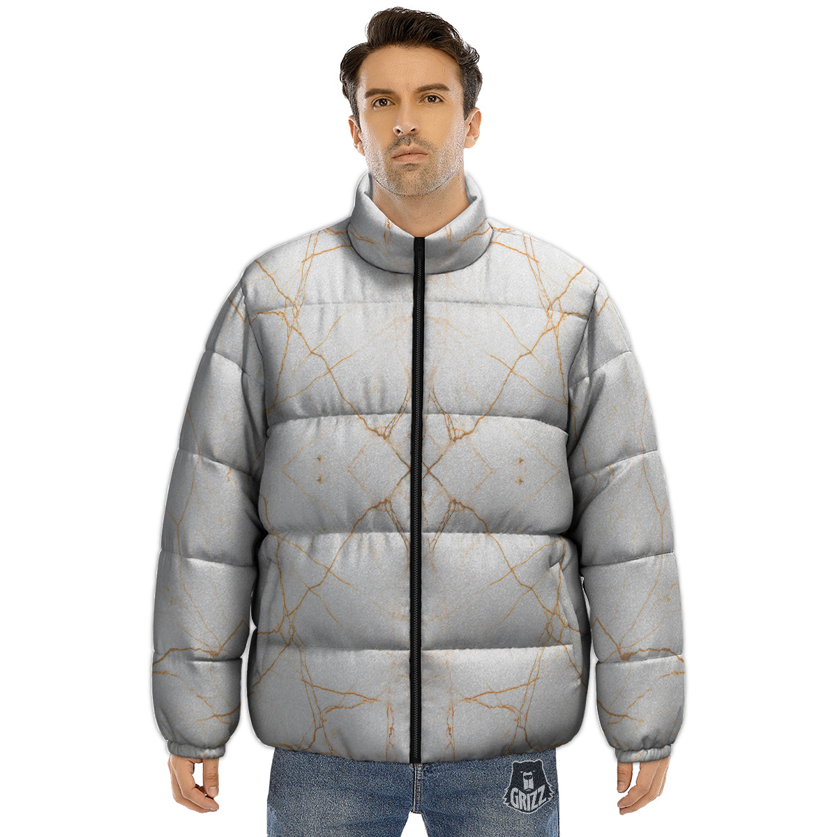 Scratch Marble White Gold Print Pattern Puffer Jacket-grizzshop