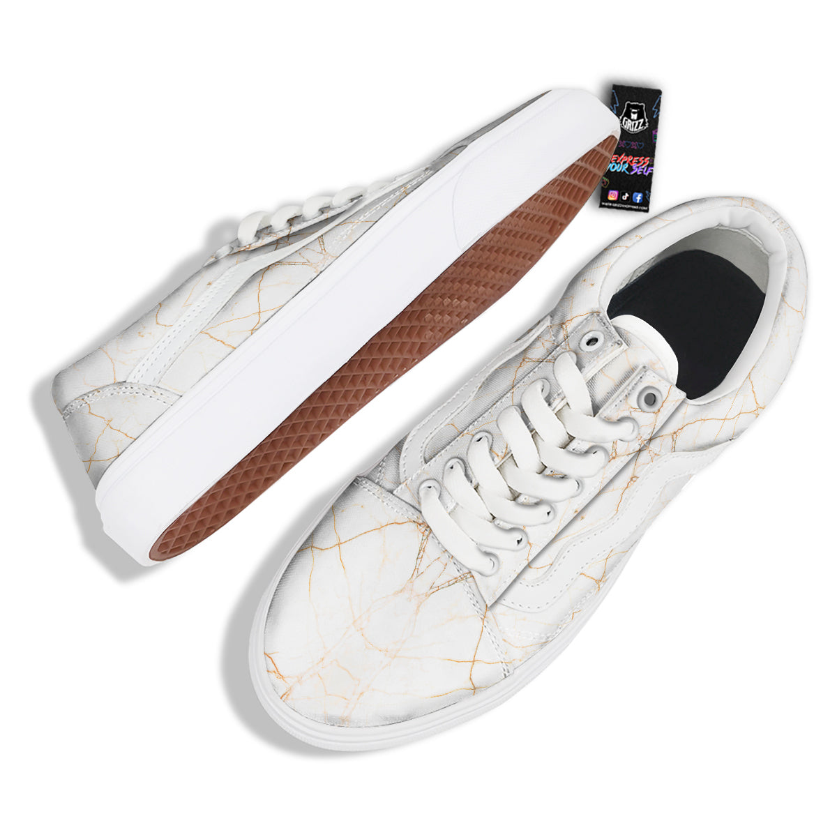 Scratch Marble White Gold Print Pattern Skate Shoes-grizzshop
