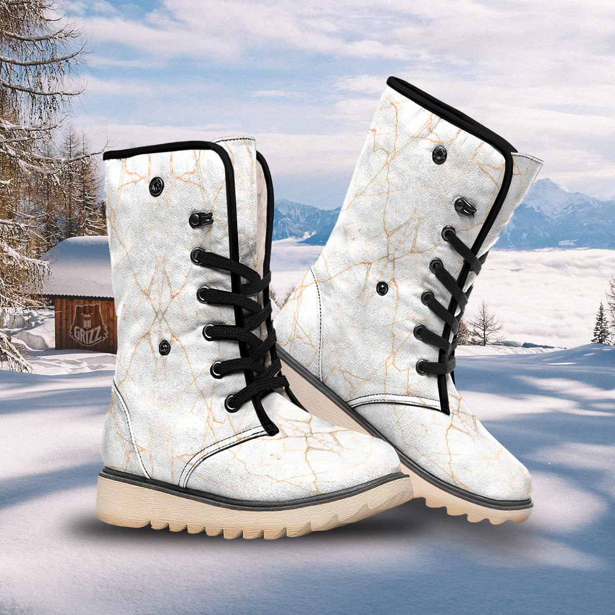 Scratch Marble White Gold Print Pattern Snow Boots-grizzshop
