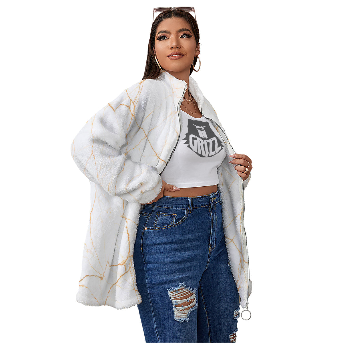 Scratch Marble White Gold Print Pattern Women's Sherpa Jacket-grizzshop