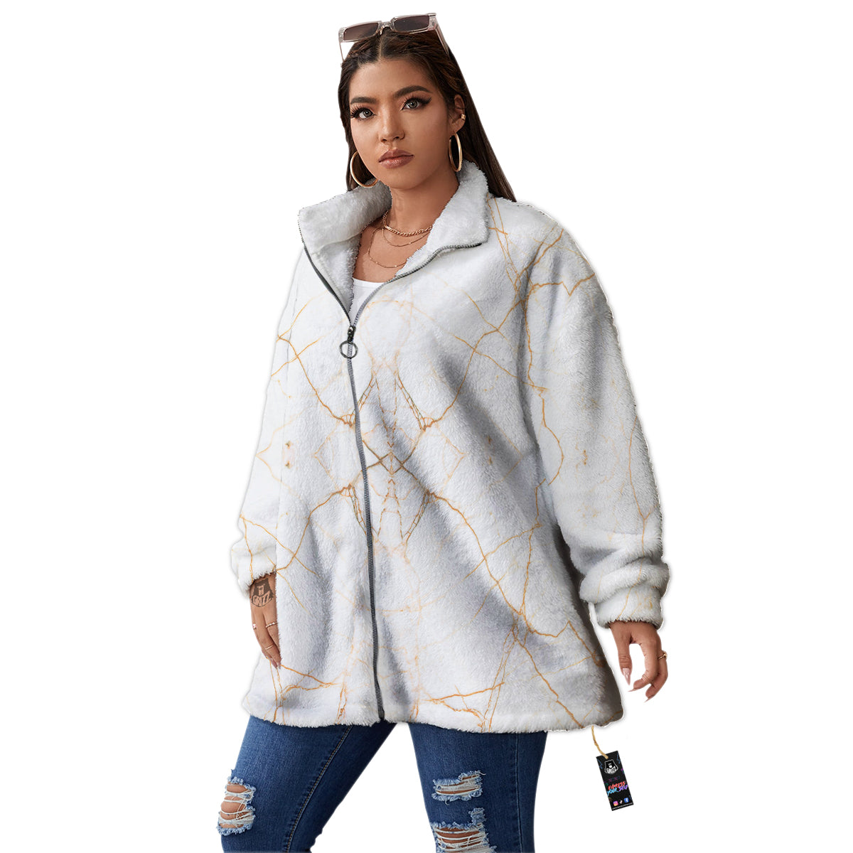 Scratch Marble White Gold Print Pattern Women's Sherpa Jacket-grizzshop