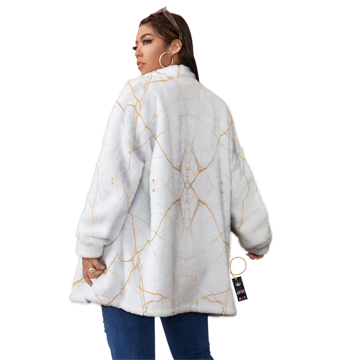 Scratch Marble White Gold Print Pattern Women's Sherpa Jacket-grizzshop