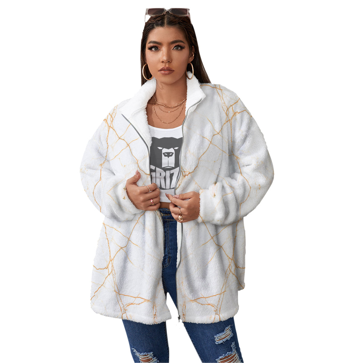 Scratch Marble White Gold Print Pattern Women's Sherpa Jacket-grizzshop