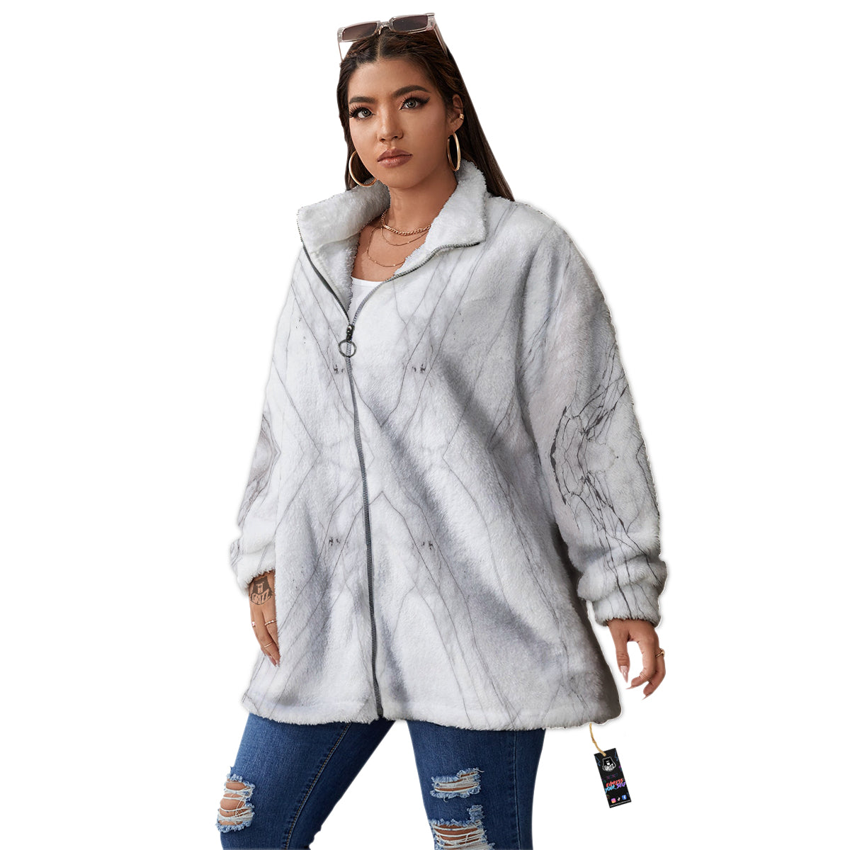 Scratch Marble White Gray Print Pattern Women's Sherpa Jacket-grizzshop