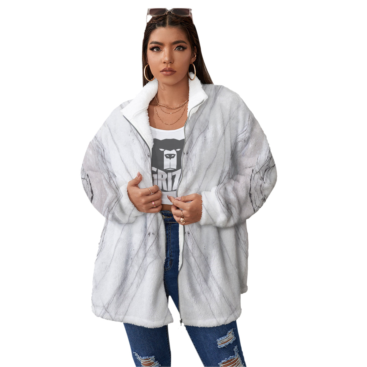 Scratch Marble White Gray Print Pattern Women's Sherpa Jacket-grizzshop