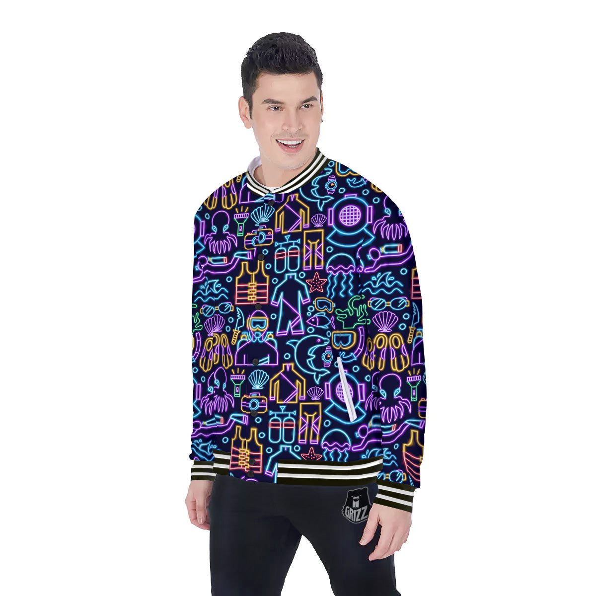 Scuba Diver Neon Print Pattern Baseball Jacket-grizzshop