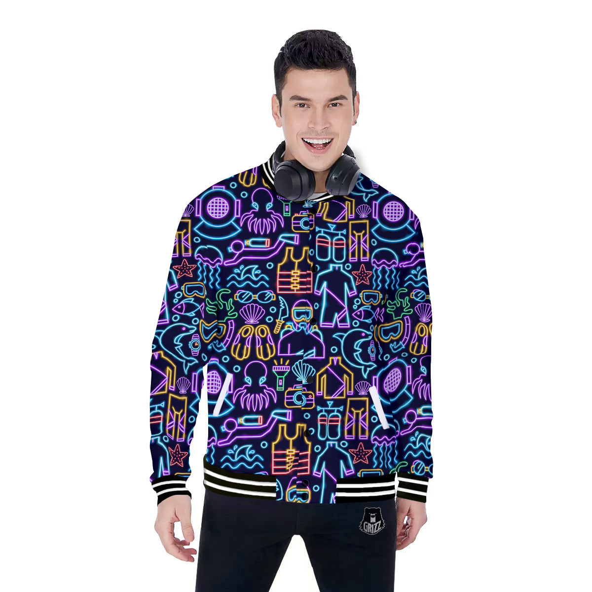 Scuba Diver Neon Print Pattern Baseball Jacket-grizzshop