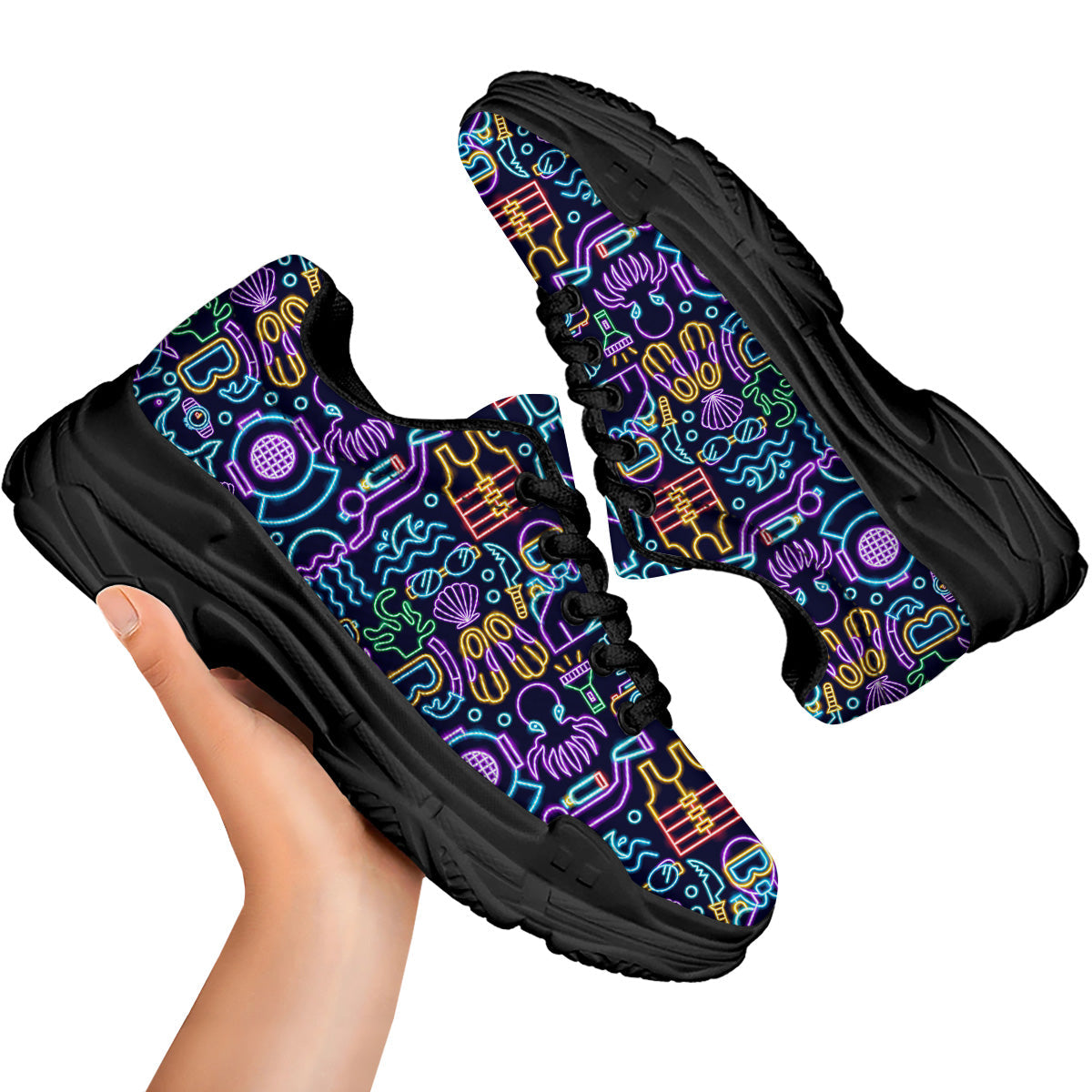 Scuba Diver Neon Print Pattern Black Chunky Shoes-grizzshop