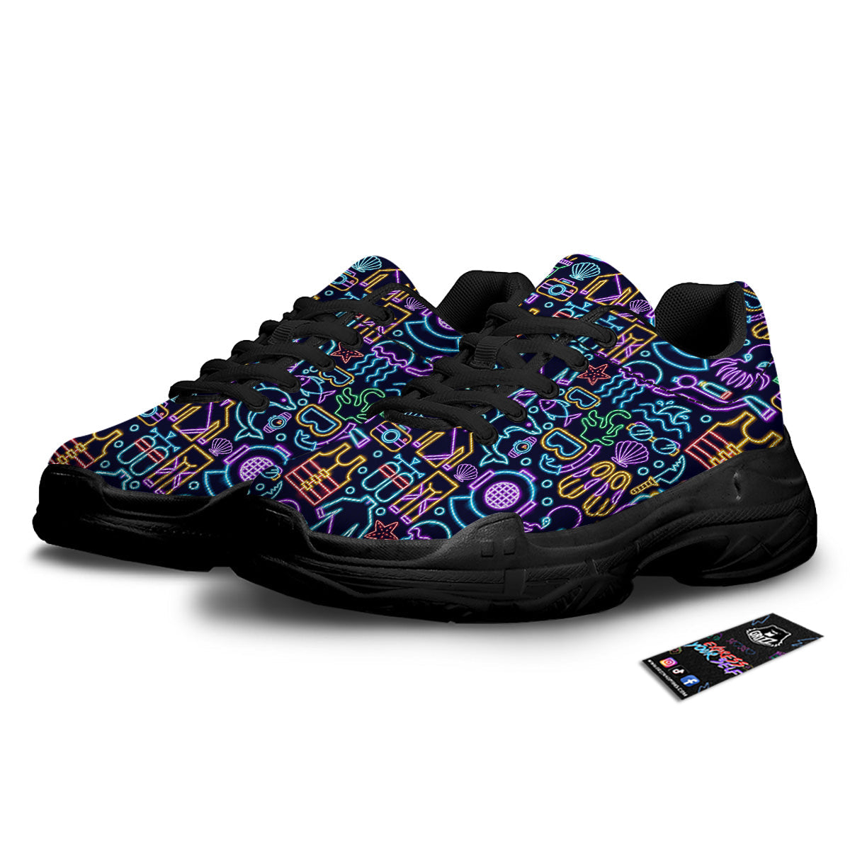 Scuba Diver Neon Print Pattern Black Chunky Shoes-grizzshop