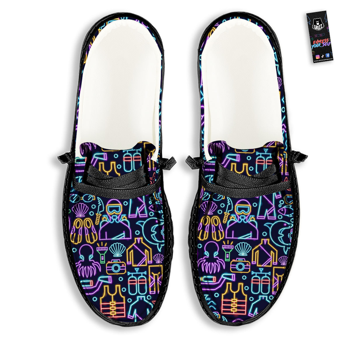 Scuba Diver Neon Print Pattern Black Loafers-grizzshop