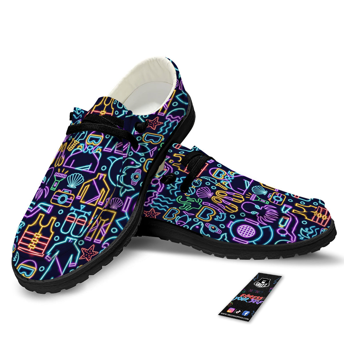 Scuba Diver Neon Print Pattern Black Loafers-grizzshop