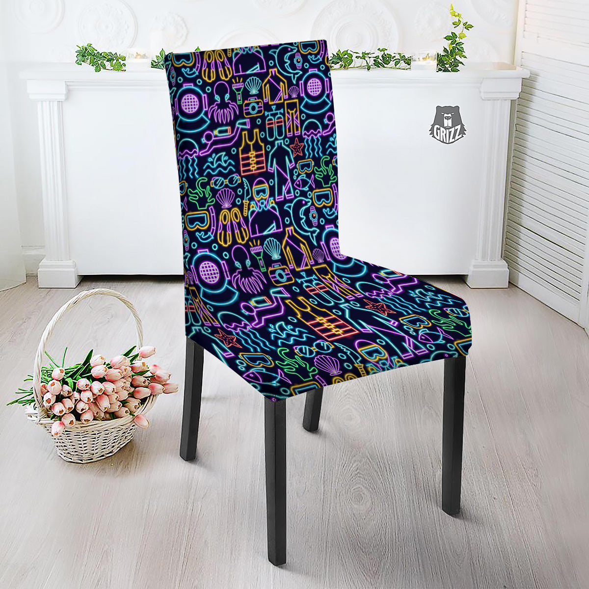 Scuba Diver Neon Print Pattern Dining Chair Slipcover-grizzshop