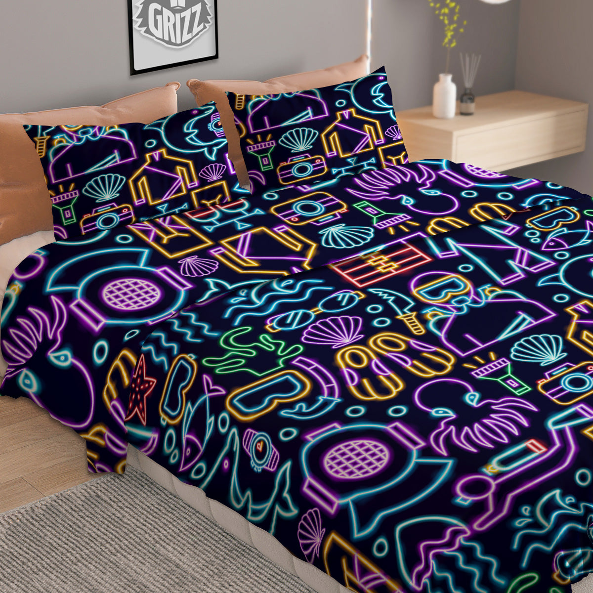 Scuba Diver Neon Print Pattern Duvet Cover Bedding Set
