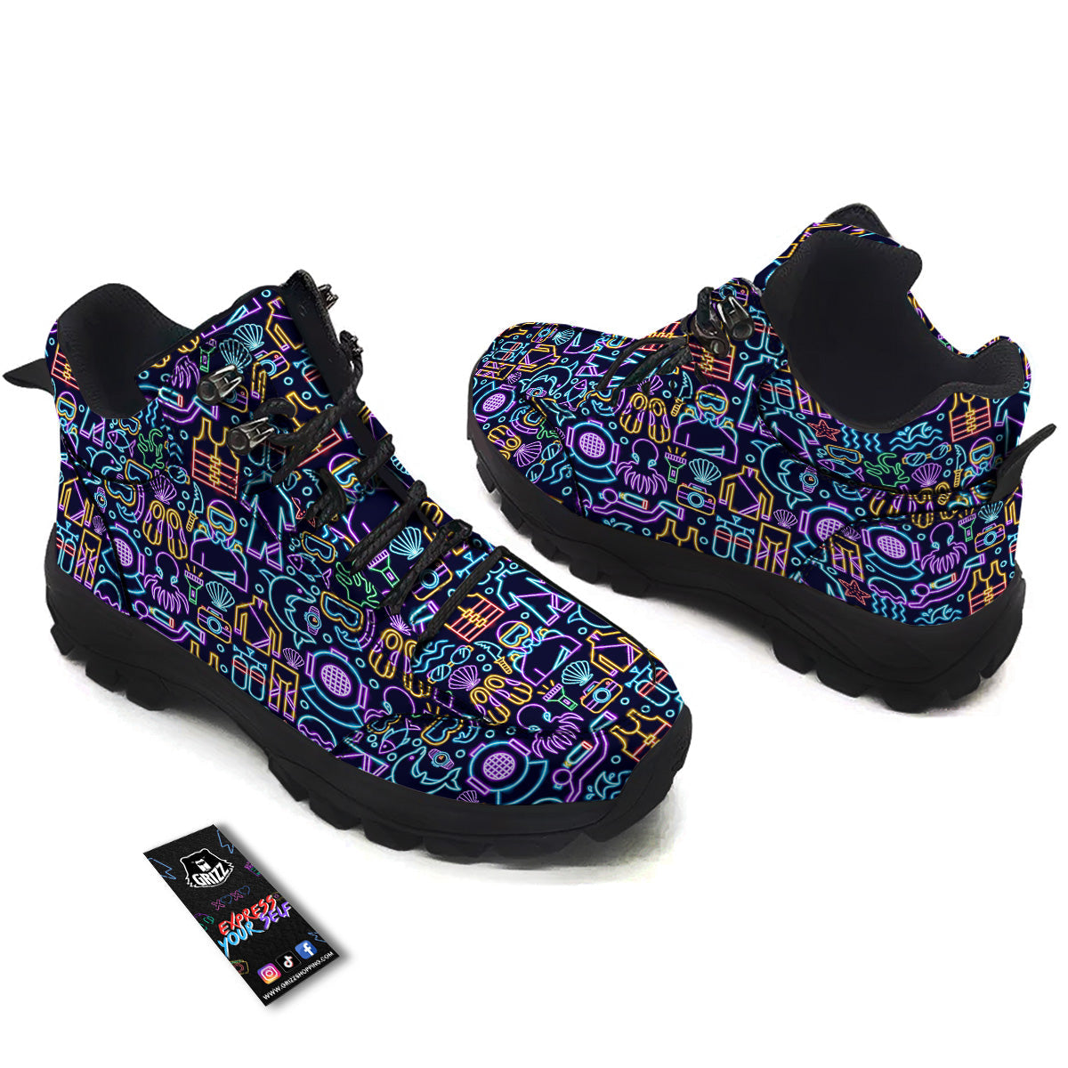 Scuba Diver Neon Print Pattern Hiking Shoes-grizzshop