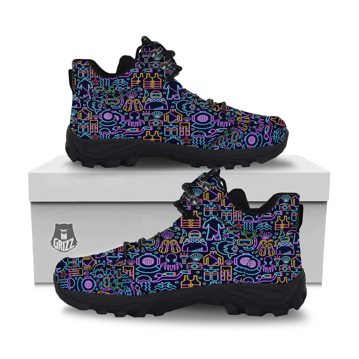 Scuba Diver Neon Print Pattern Hiking Shoes-grizzshop