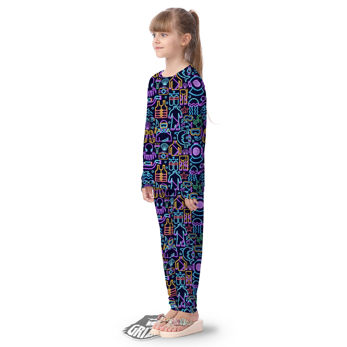 Scuba Diver Neon Print Pattern Kid's Pajamas-grizzshop