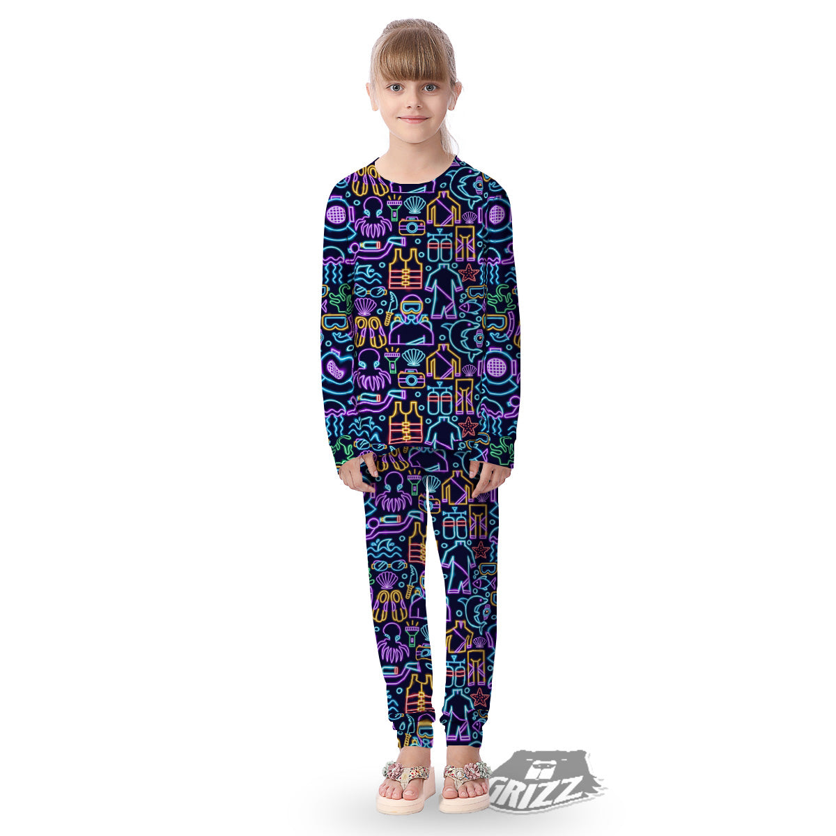 Scuba Diver Neon Print Pattern Kid's Pajamas-grizzshop