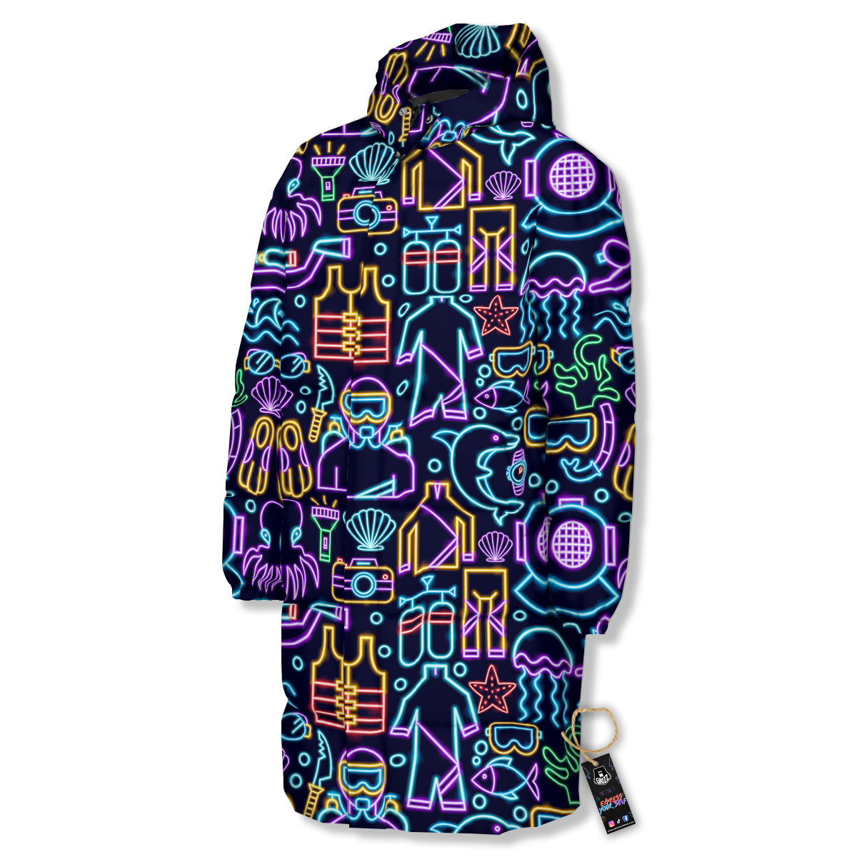 Scuba Diver Neon Print Pattern Long Down Jacket-grizzshop