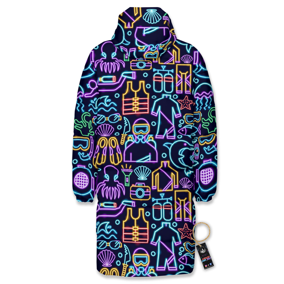 Scuba Diver Neon Print Pattern Long Down Jacket-grizzshop