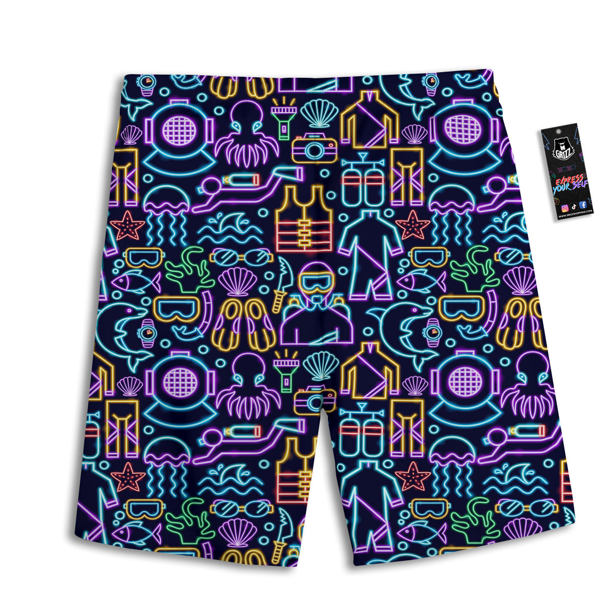 Scuba Diver Neon Print Pattern Men's Athletic Shorts