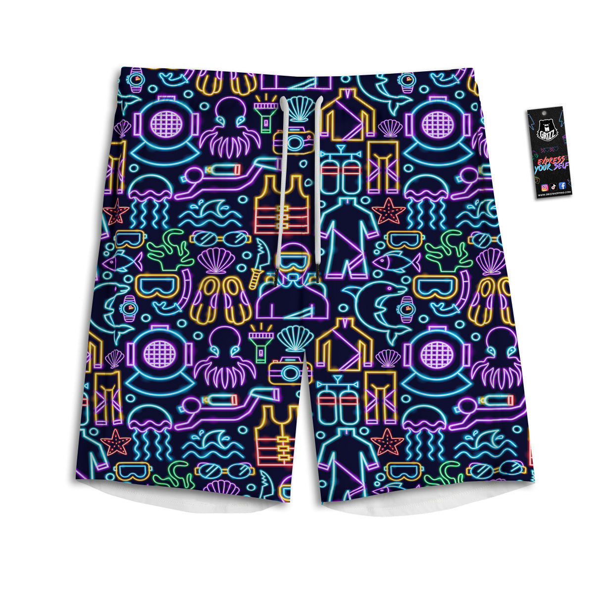 Scuba Diver Neon Print Pattern Men's Athletic Shorts