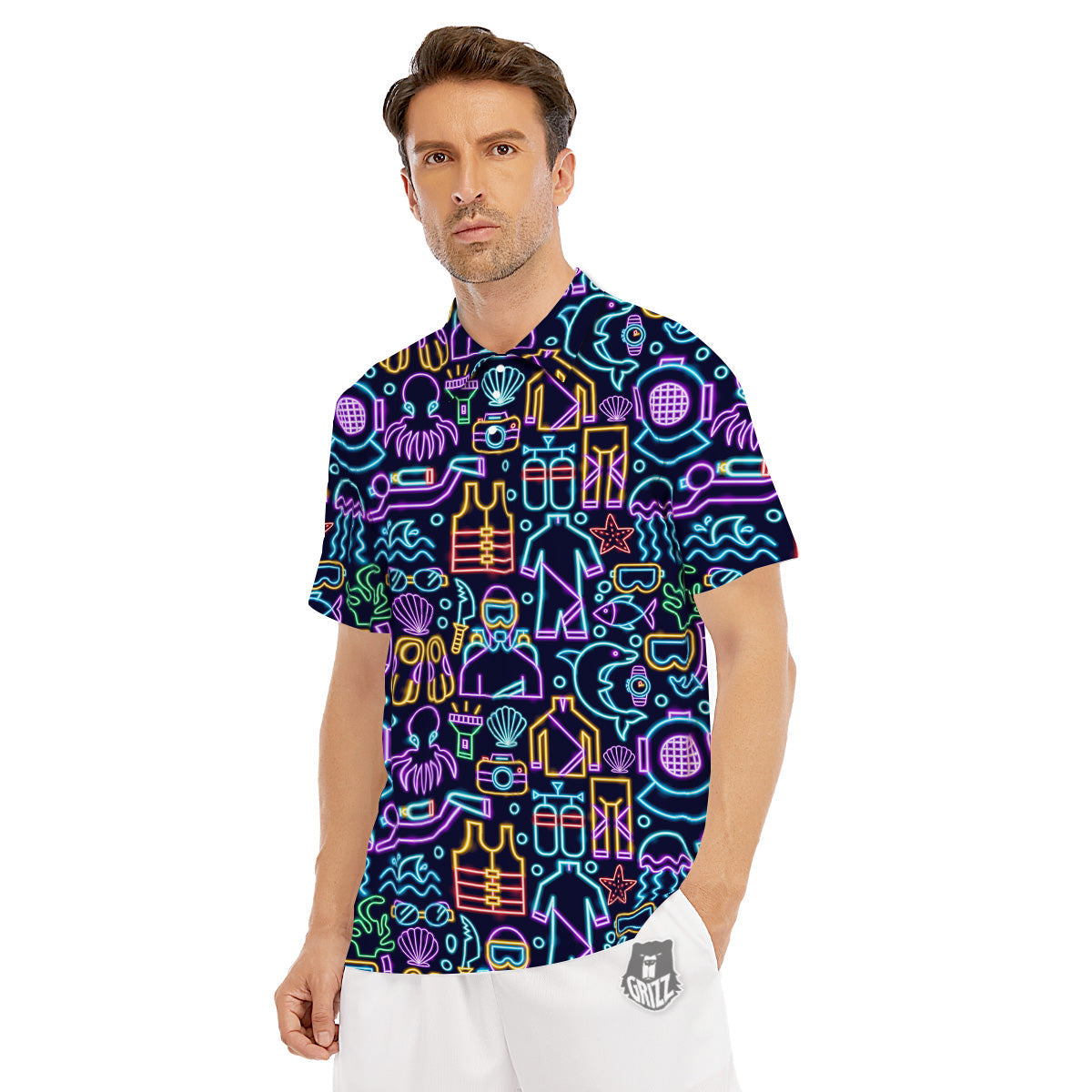 Scuba Diver Neon Print Pattern Men's Golf Shirts-grizzshop