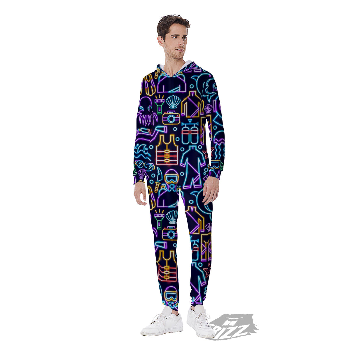 Scuba Diver Neon Print Pattern Men's Jumpsuit-grizzshop