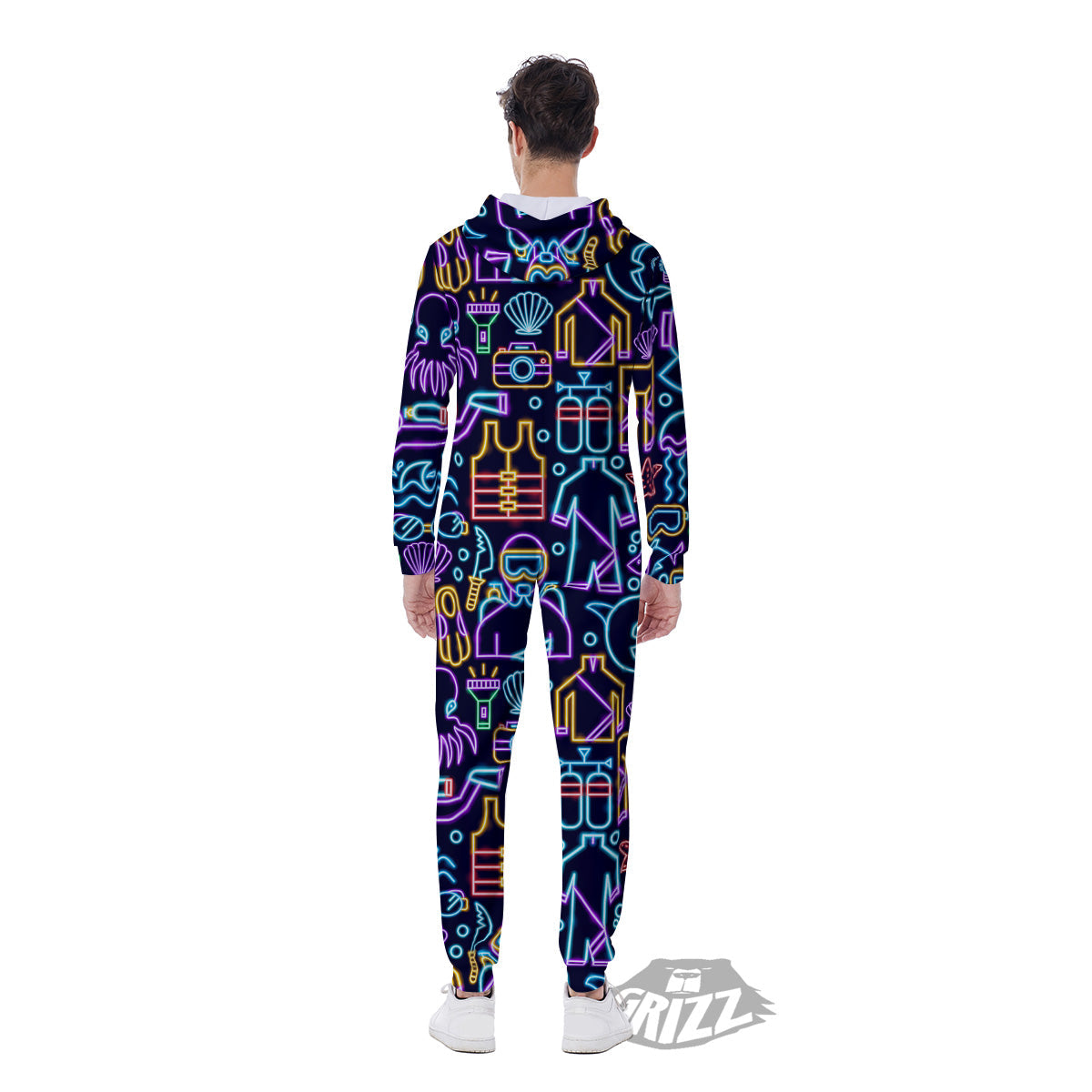 Scuba Diver Neon Print Pattern Men's Jumpsuit-grizzshop