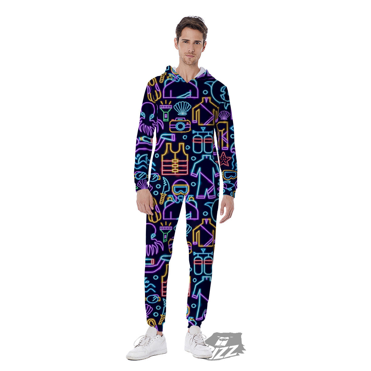 Scuba Diver Neon Print Pattern Men's Jumpsuit-grizzshop