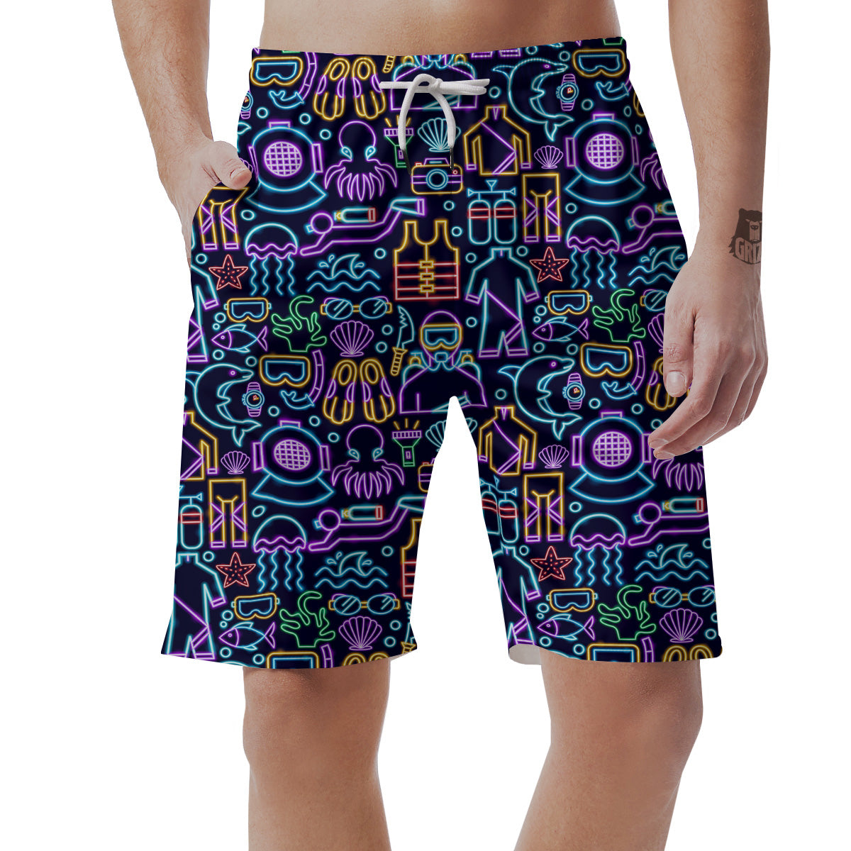 Scuba Diver Neon Print Pattern Men's Shorts-grizzshop