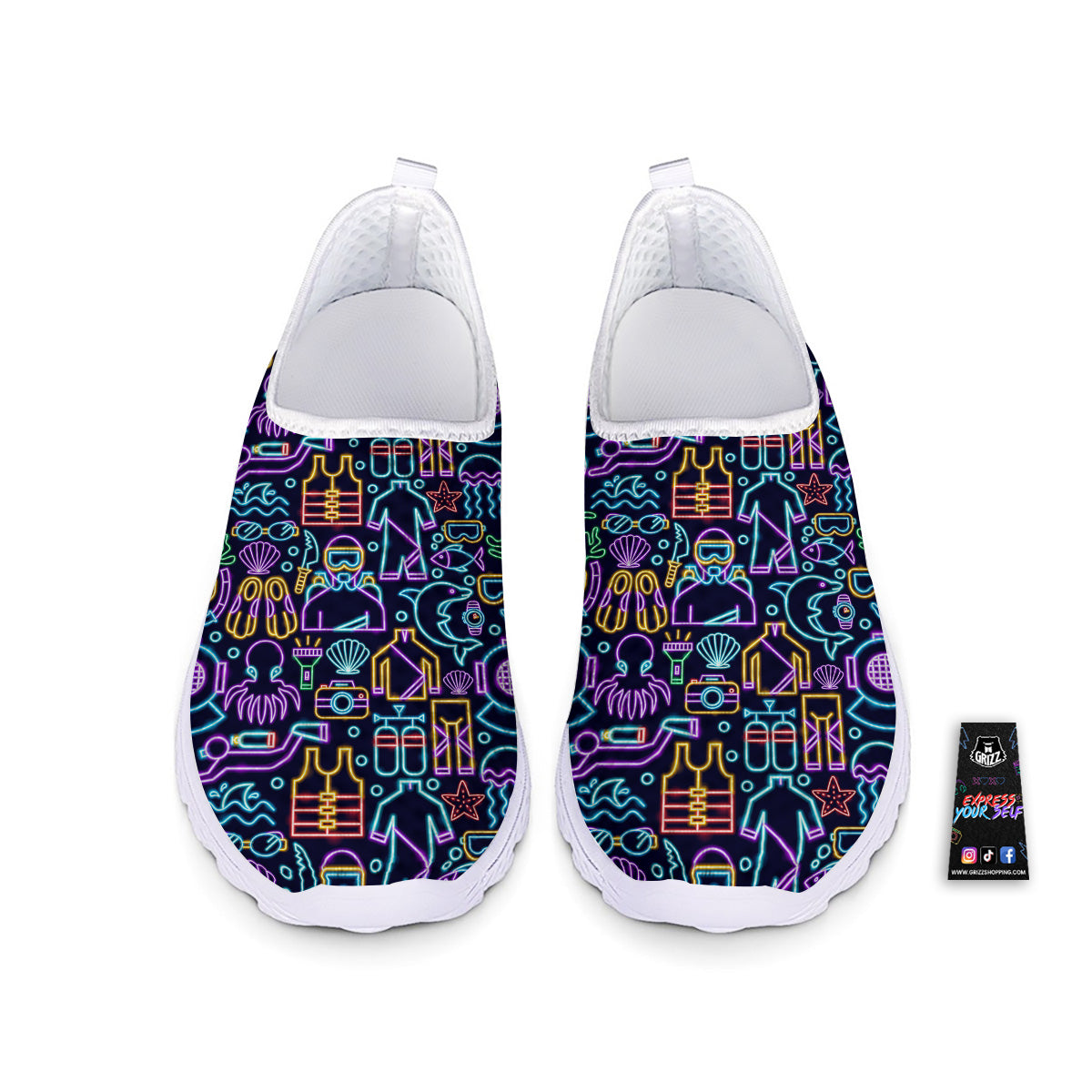 Scuba Diver Neon Print Pattern Nurse Shoes-grizzshop