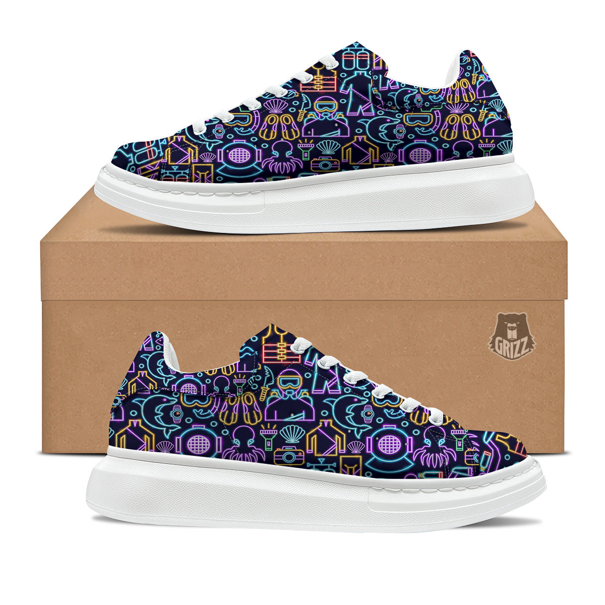 Scuba Diver Neon Print Pattern Platform Shoes-grizzshop
