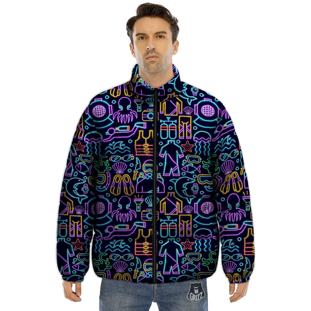 Scuba Diver Neon Print Pattern Puffer Jacket-grizzshop