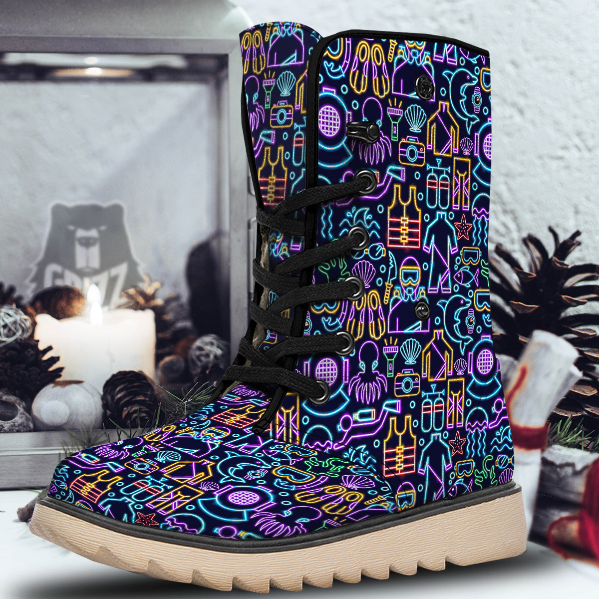 Scuba Diver Neon Print Pattern Snow Boots-grizzshop
