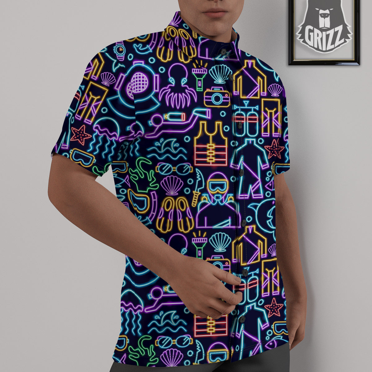 Scuba Diver Neon Print Pattern Untucked Shirts-grizzshop