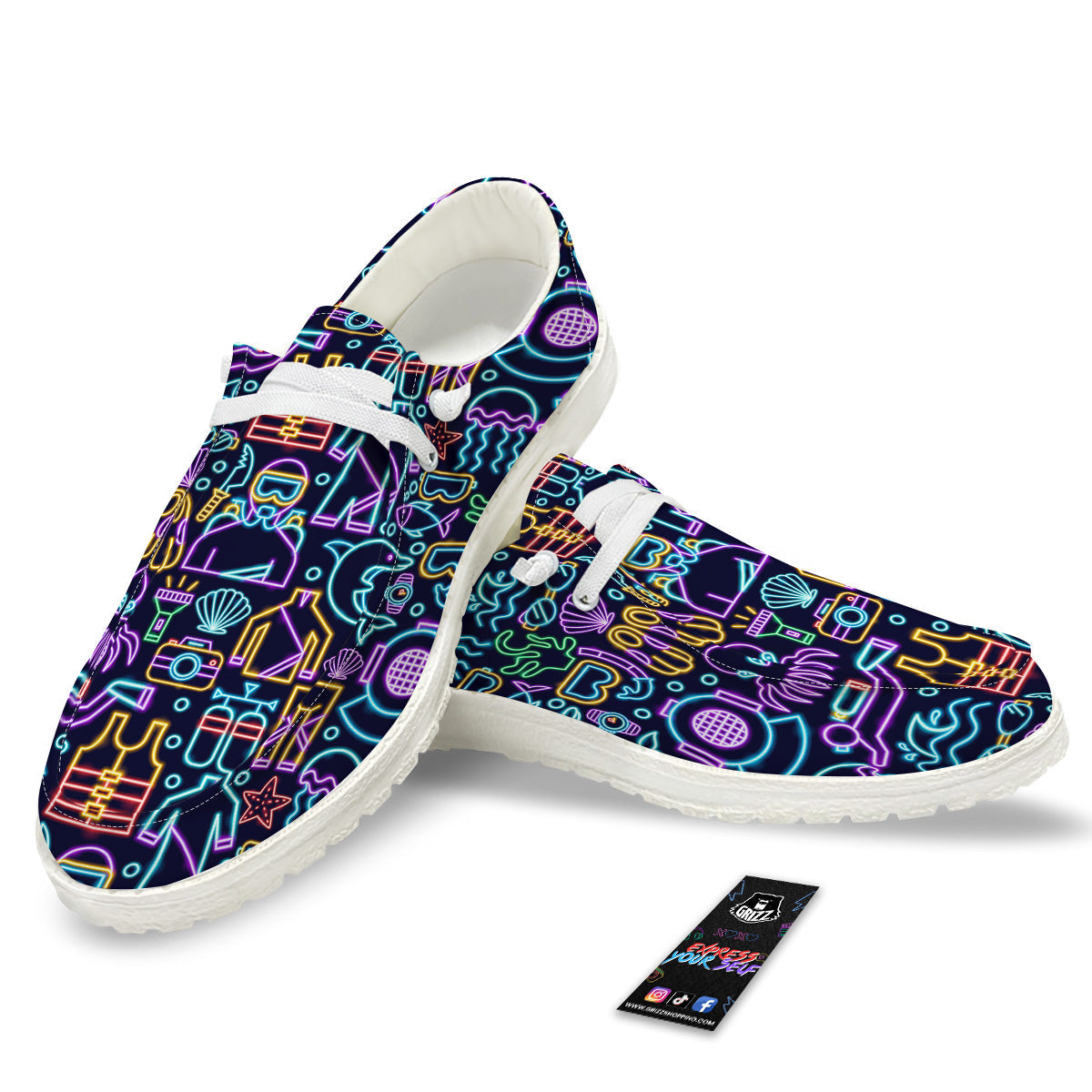 Scuba Diver Neon Print Pattern White Loafers-grizzshop