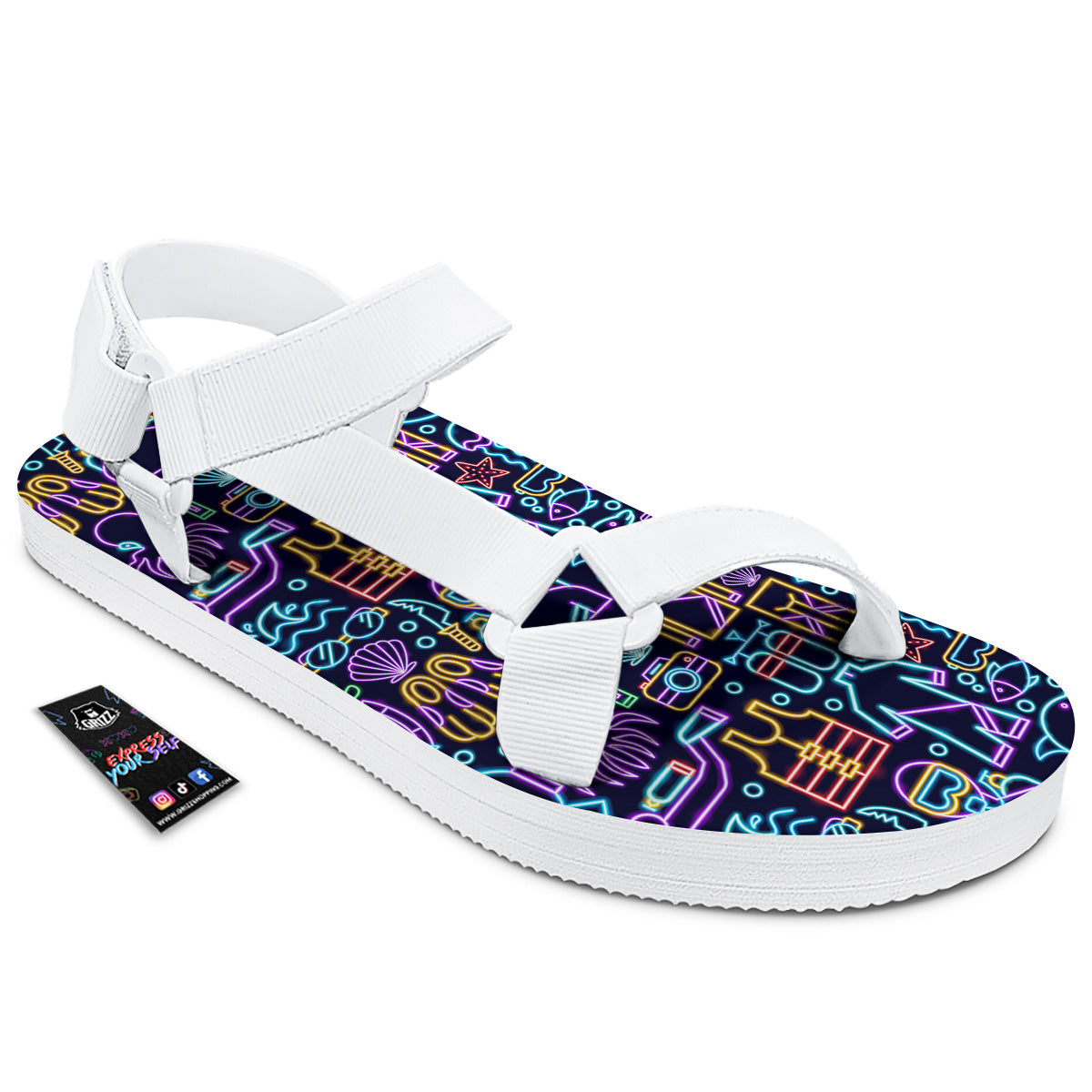 Scuba Diver Neon Print Pattern White Open Toe Sandals-grizzshop