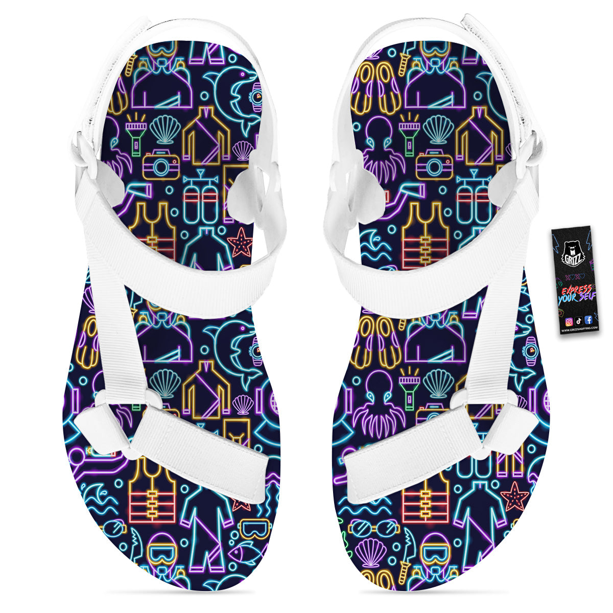 Scuba Diver Neon Print Pattern White Open Toe Sandals-grizzshop