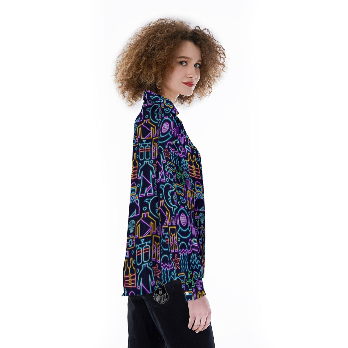 Scuba Diver Neon Print Pattern Women's Long Sleeve Shirts-grizzshop