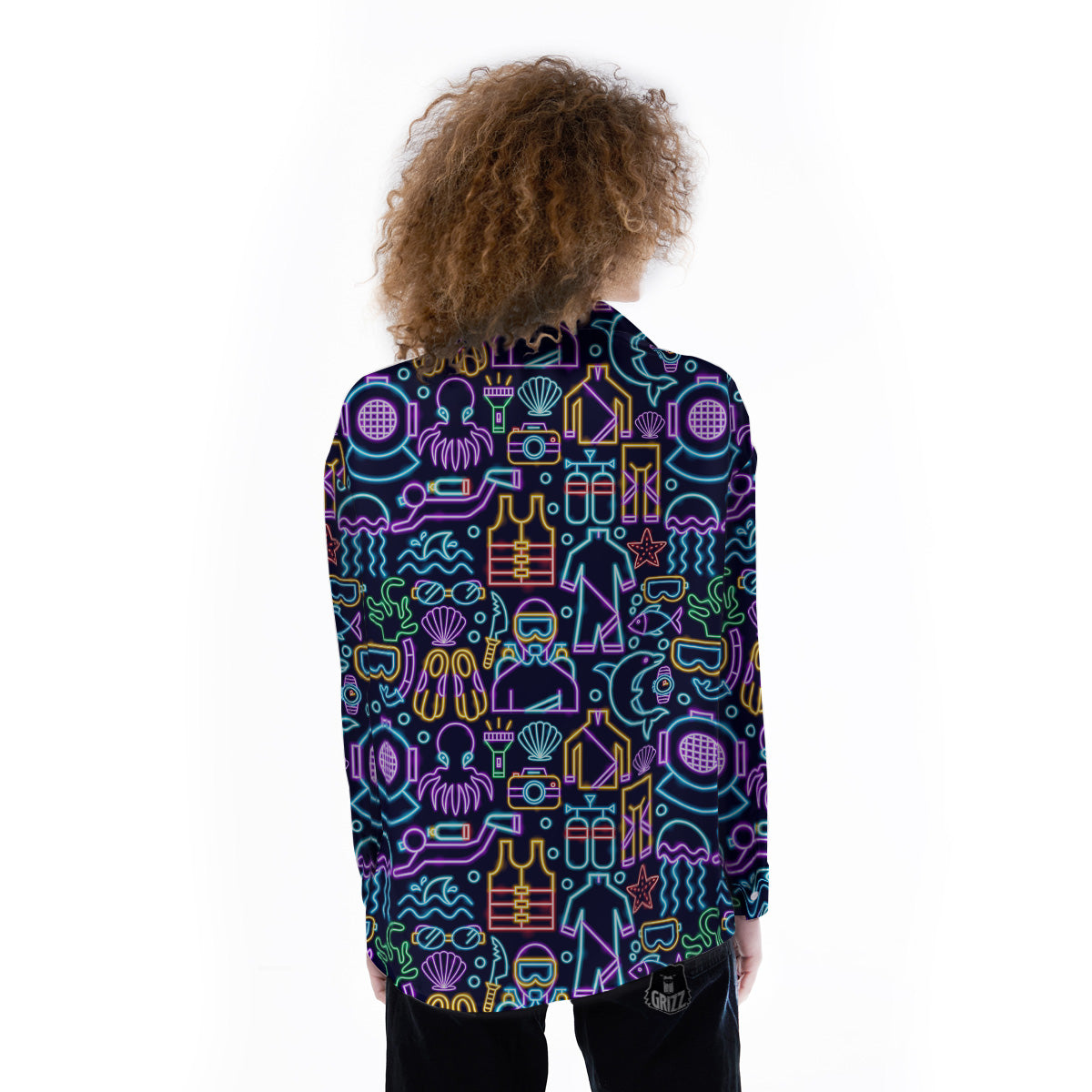 Scuba Diver Neon Print Pattern Women's Long Sleeve Shirts-grizzshop