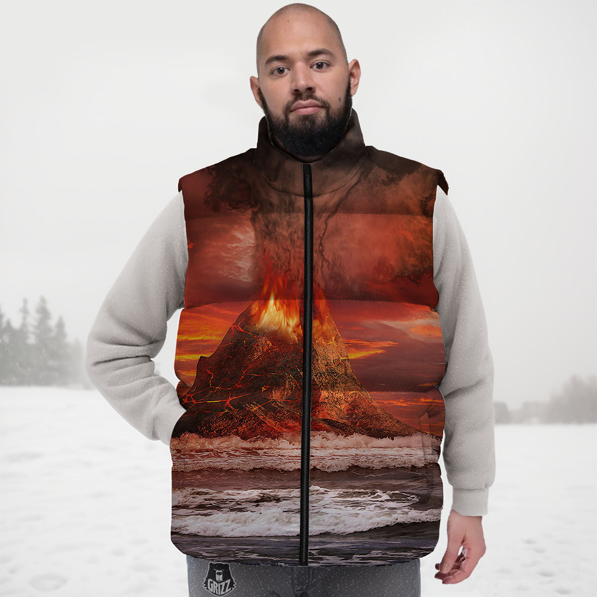 Sea And Volcano Print Down Vest