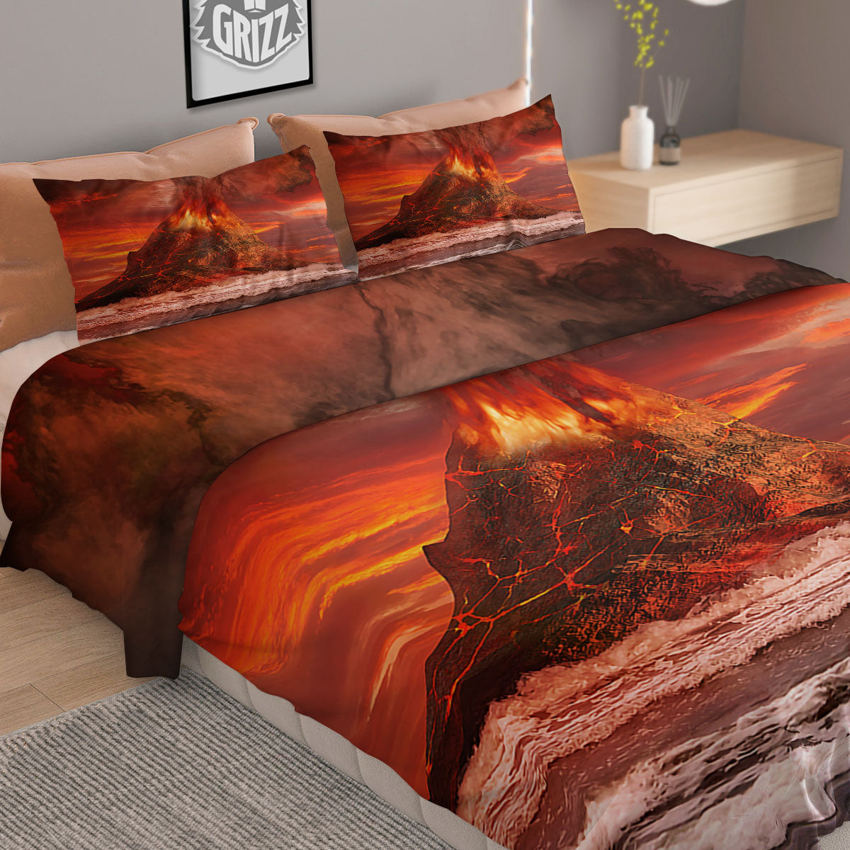 Sea And Volcano Print Duvet Cover Bedding Set