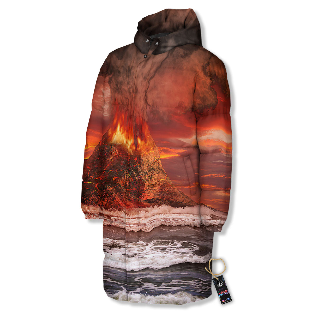 Sea And Volcano Print Long Down Jacket-grizzshop