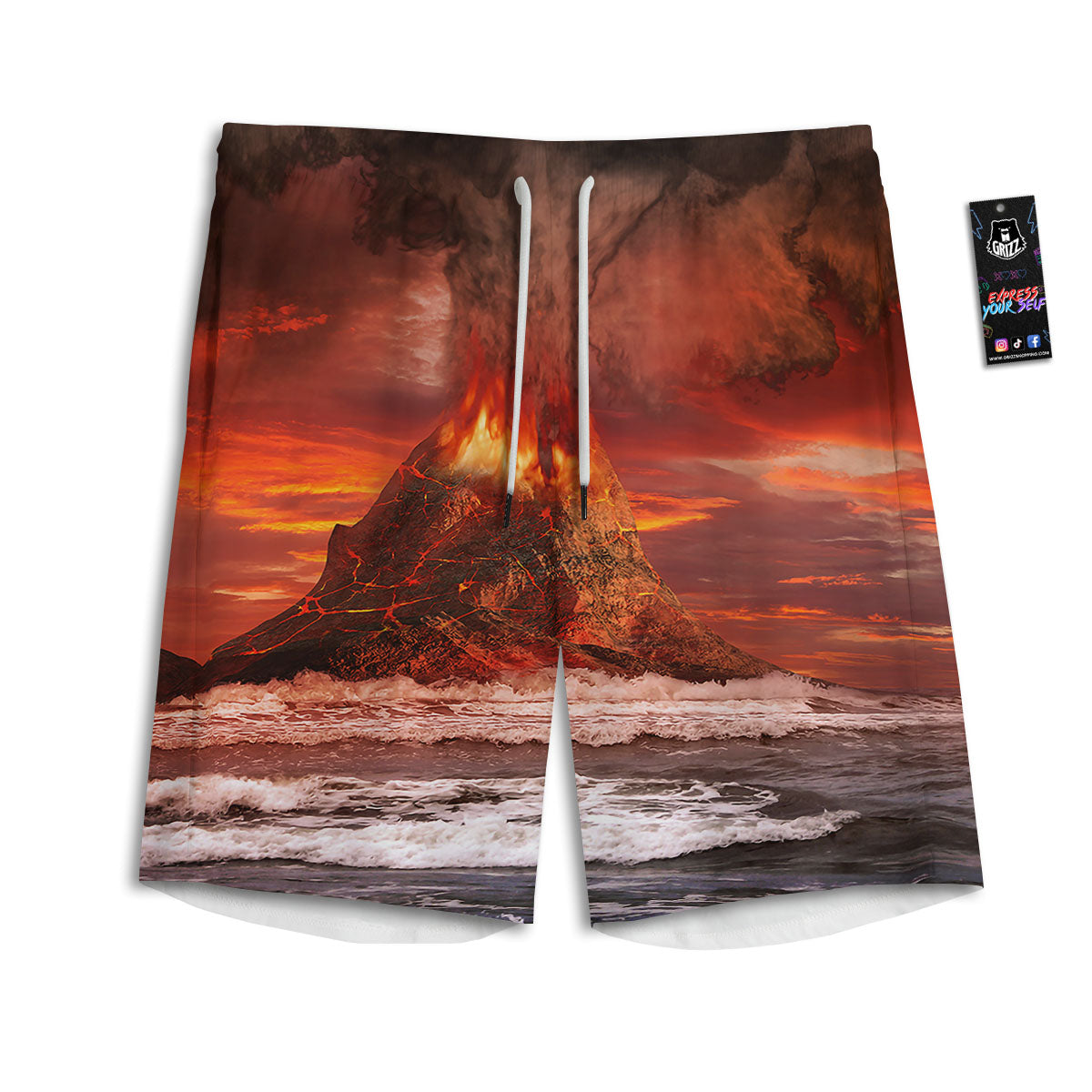 Sea And Volcano Print Men's Athletic Shorts