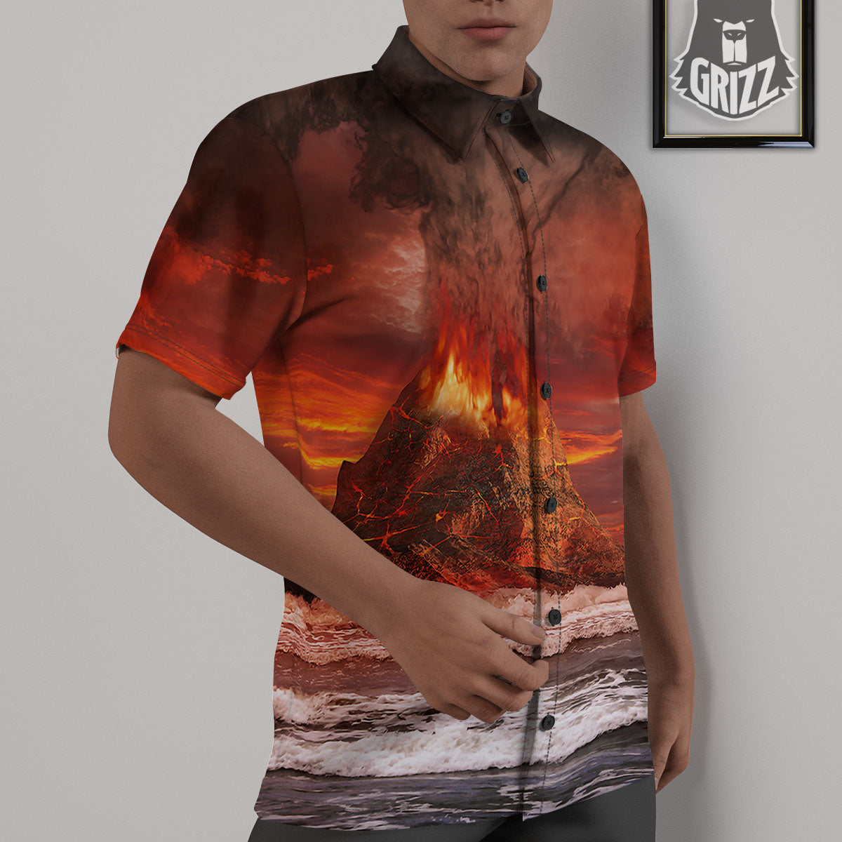 Sea And Volcano Print Untucked Shirts-grizzshop