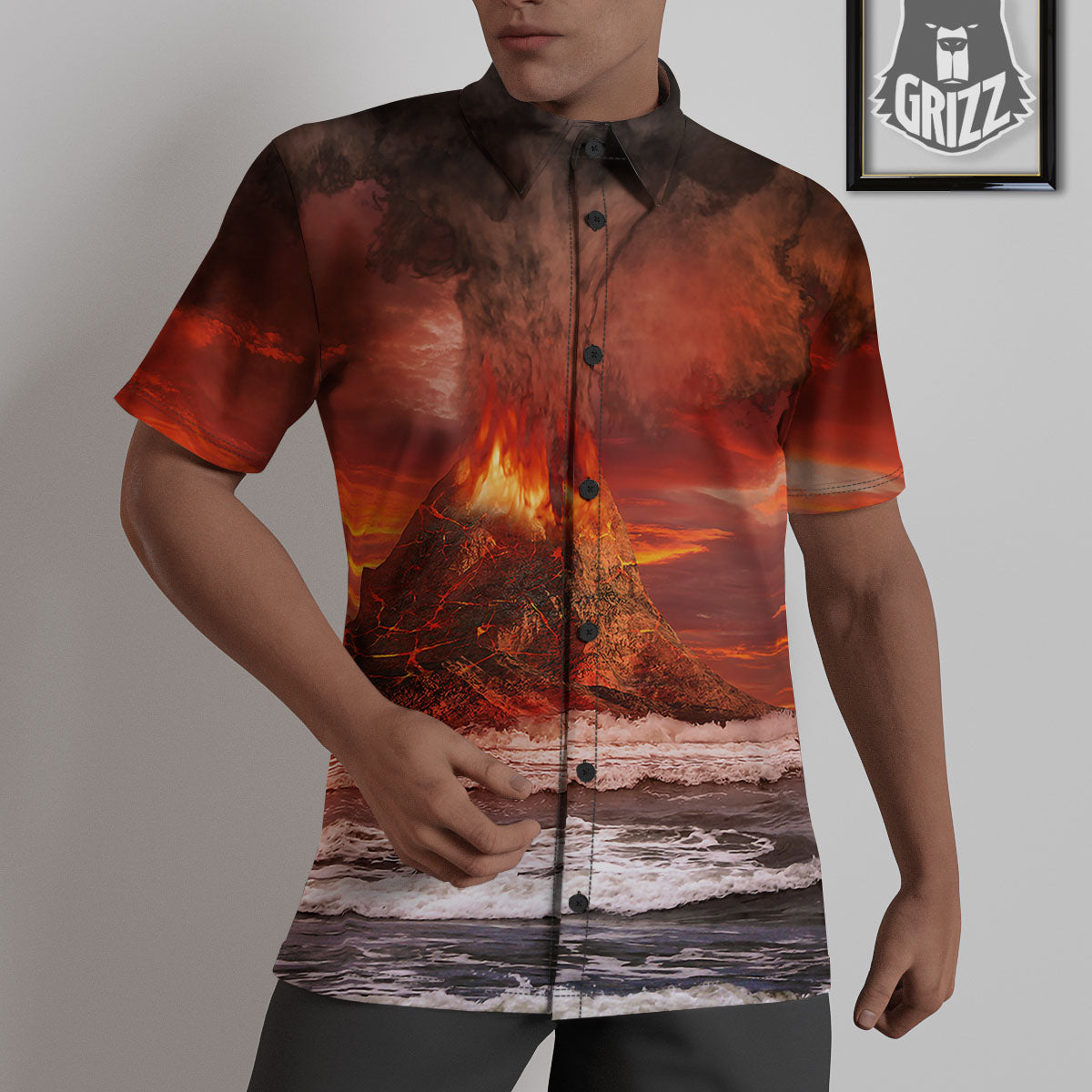 Sea And Volcano Print Untucked Shirts-grizzshop